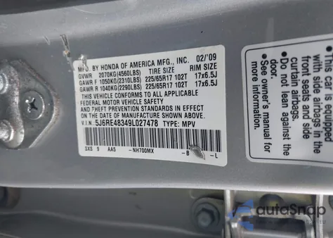 2009 Honda Cr-V Lx z USA, uszkodzony, nr VIN 5J6RE48349L027478